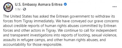 United States has directly “pressed senior levels” of Eritrea’s government to immediately withdraw its troops from neighboring Ethiopia.