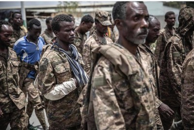 Captured Ethiopian government soldiers on display in Mekelle, Tigray. Credit...Finbarr O'Reilly for The New York Times