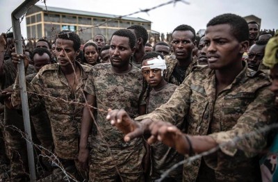 Captured Ethiopian government soldiers on display in Mekelle, Tigray. Credit...Finbarr O'Reilly for The New York Times