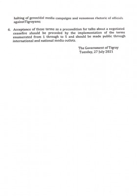 Current position of the Government of Tigray regarding Negotiated Ceasefire