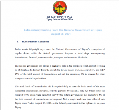 Extraordinary Brieﬁng From The National Government of Tigray August 25, 2021
