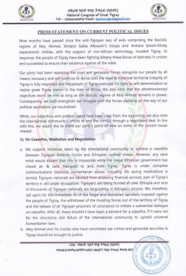 Press Release by National Congress of Great Tigray (Baytona)