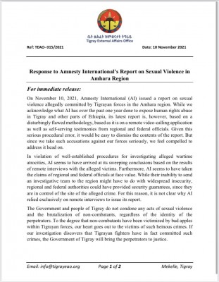 Tigray External Affairs Office Response to Amnesty International's Report on Sexual Violence in Amhara Region