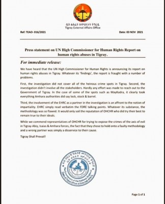 Press statement on UN high Commissioner for Human Rights Report on human rights abuses in Tigry
