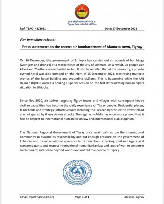 Press statement on the recent air bombardment of Alamata town, Tigray